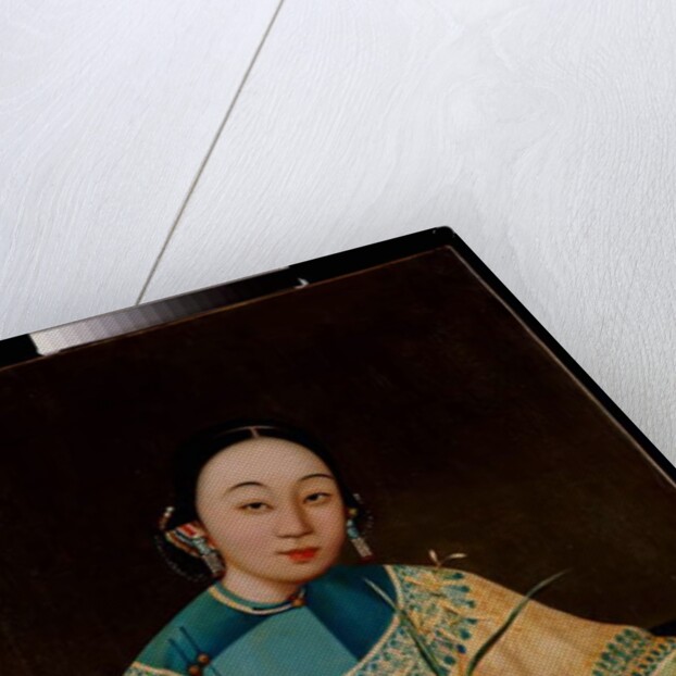 Portrait of a Court Lady, Seated Half Length in an Embroidered Robe, Holding a Flower, mid 19th century by School Chinese