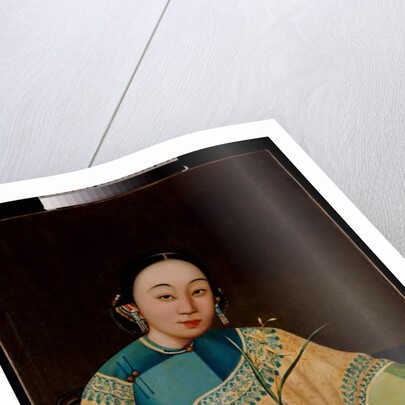 Portrait of a Court Lady, Seated Half Length in an Embroidered Robe, Holding a Flower, mid 19th century by School Chinese