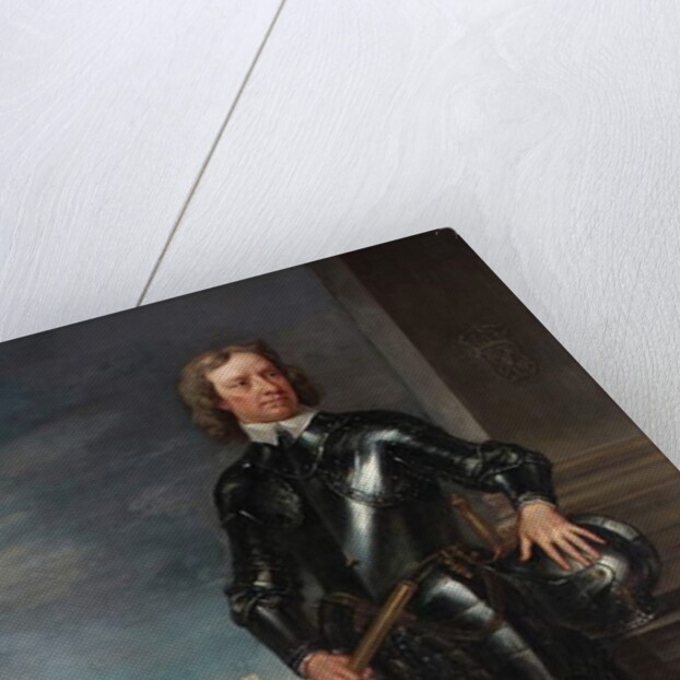 Portrait of Oliver Cromwell in Armour, a Seascape and Battle Beyond, late 1650s by English School
