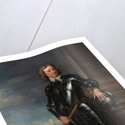 Portrait of Oliver Cromwell in Armour, a Seascape and Battle Beyond, late 1650s by English School