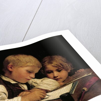 A Boy Writing; Schreibender Knabe Mit Schwesterchen, 1875 by Albert Anker