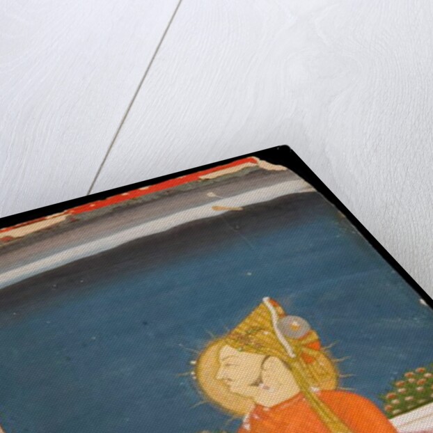 A Bejeweled Dignitary, Wearing a Plumed Turban, Holding a Lotus Bud, Sitting on a Terrace by Indian School