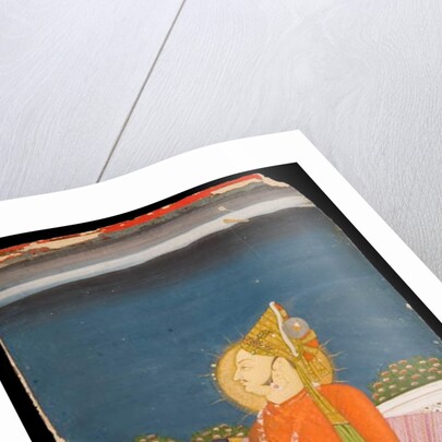 A Bejeweled Dignitary, Wearing a Plumed Turban, Holding a Lotus Bud, Sitting on a Terrace by Indian School