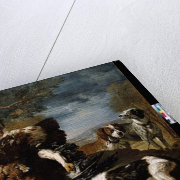 A Spaniel, an Eagle, a Hare and a Wicker Basket with a Jay, Finches and other Birds Overlooked by two Hounds, a Mountainous Landscape Beyond by David de Coninck