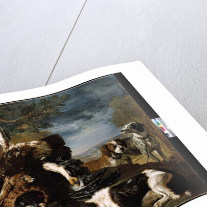 A Spaniel, an Eagle, a Hare and a Wicker Basket with a Jay, Finches and other Birds Overlooked by two Hounds, a Mountainous Landscape Beyond by David de Coninck