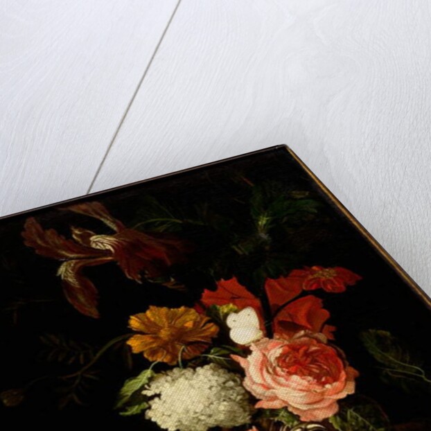 A Rose, an Iris, Lilac and other Flowers in an Auricular Silver Vase with a Snail and a Butterfly on a Draped Ledge by Willem van Aelst