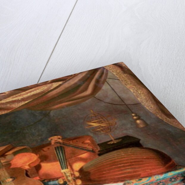 A Guitar, a Cello, Lutes, a Musical Score and other Books, a Gilt Ewer and an Armillary Sphere on a Draped Table, a Column Beyond and a Curtain Above by Evaristo Baschenis