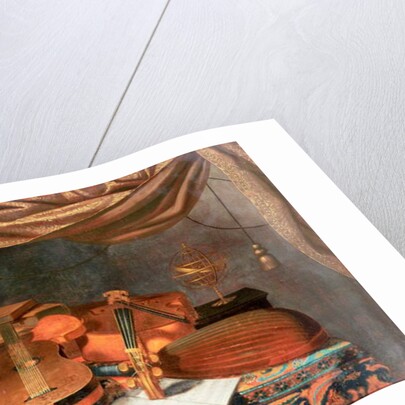 A Guitar, a Cello, Lutes, a Musical Score and other Books, a Gilt Ewer and an Armillary Sphere on a Draped Table, a Column Beyond and a Curtain Above by Evaristo Baschenis