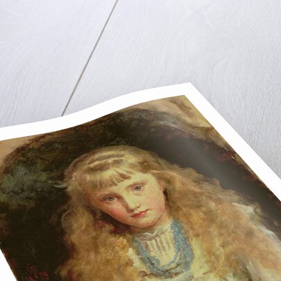Portrait of Beatrice Caird wearing a white dress with a blue sash by John Everett Millais