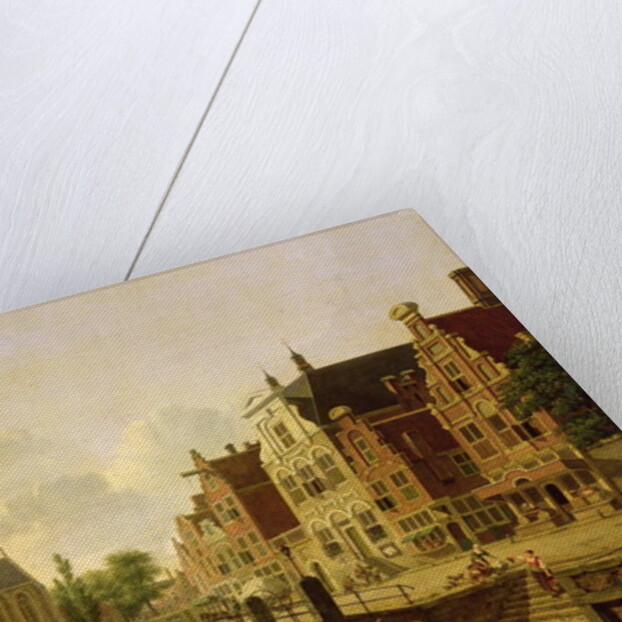 Dutch town scene with canal, figures and a church by Jan Hendrik Verheyen