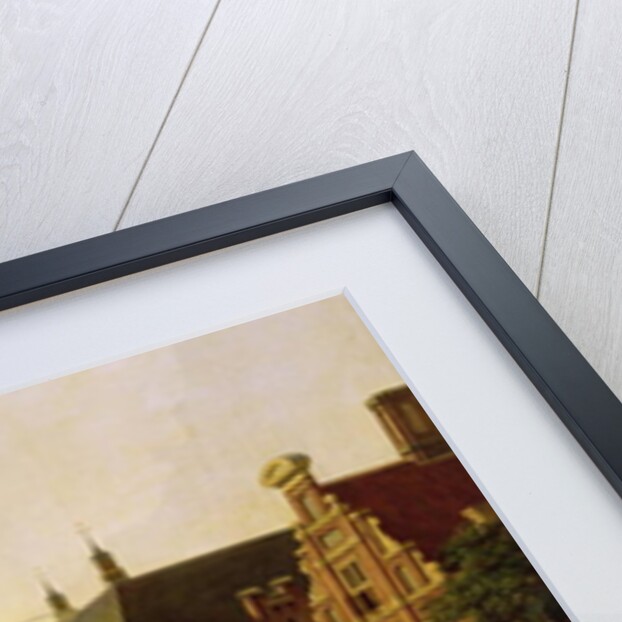 Dutch town scene with canal, figures and a church by Jan Hendrik Verheyen