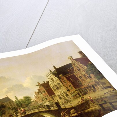 Dutch town scene with canal, figures and a church by Jan Hendrik Verheyen