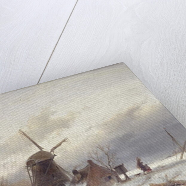 A Frozen River Landscape with a Windmill by Andreas Schelfhout
