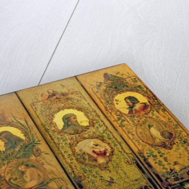 A four leaf screen with portraits of Shakespeare, Milton, Chaucer and Spenser by William Bell Scott