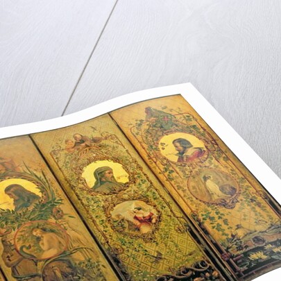 A four leaf screen with portraits of Shakespeare, Milton, Chaucer and Spenser by William Bell Scott