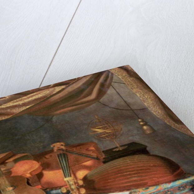 A guitar, a cello, lutes, a musical score and other books and an armillary globe on a draped table by Evaristo Baschenis