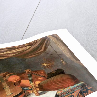 A guitar, a cello, lutes, a musical score and other books and an armillary globe on a draped table by Evaristo Baschenis