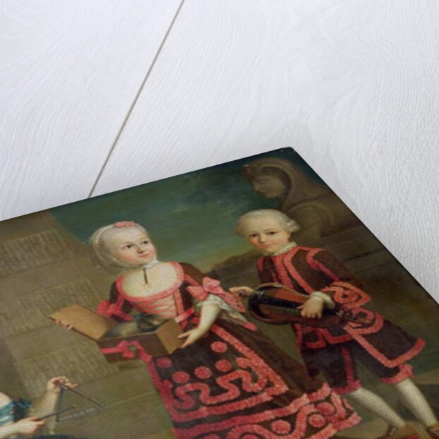 A group portrait of a girl with a marmoset in a Box, a girl with a triangle sitting on a magic lantern and a boy with a hurdy-gurdy by Francois-Hubert Drouais