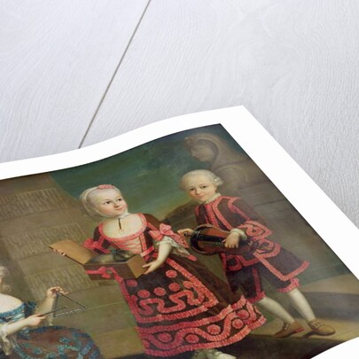 A group portrait of a girl with a marmoset in a Box, a girl with a triangle sitting on a magic lantern and a boy with a hurdy-gurdy by Francois-Hubert Drouais