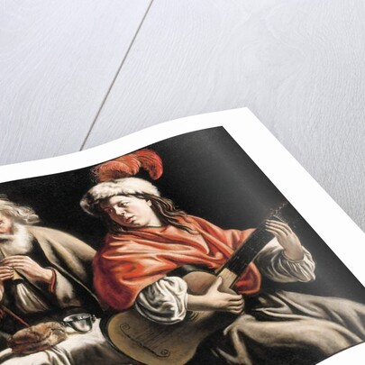 A young man playing a guitar and an old man playing a pipe in an interior by Mathieu Le Nain