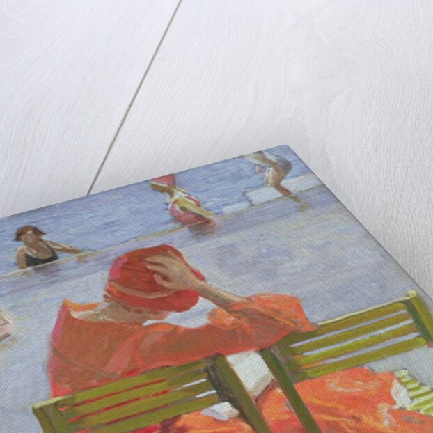 Girl in a red dress reading by a swimming pool, 1936 by John Lavery