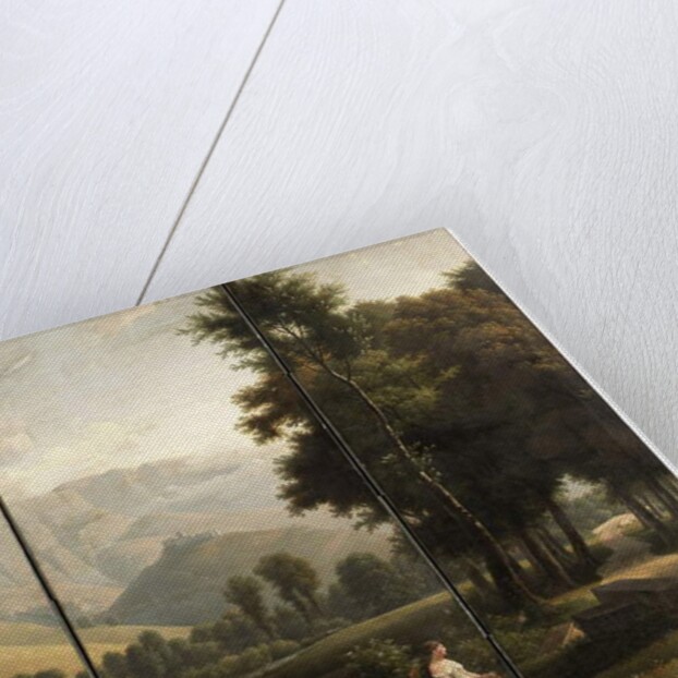 An Arcadian landscape with maidens gathering flowers by a river bank, a hilltop castle beyond, 1801 by Alexandre Hyacinthe Dunouy