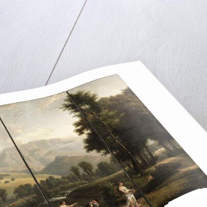 An Arcadian landscape with maidens gathering flowers by a river bank, a hilltop castle beyond, 1801 by Alexandre Hyacinthe Dunouy