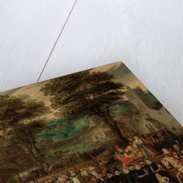 A village festival with elegantly dressed figures in procession, a river and tower beyond by Joris Hoefnagel