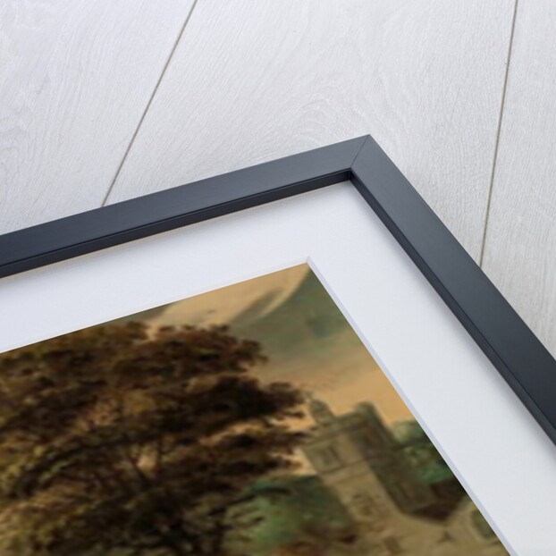 A village festival with elegantly dressed figures in procession, a river and tower beyond by Joris Hoefnagel