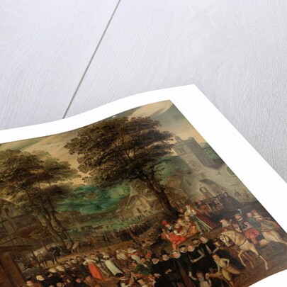 A village festival with elegantly dressed figures in procession, a river and tower beyond by Joris Hoefnagel