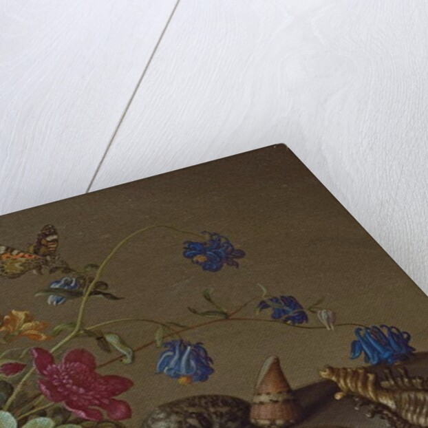 Flowers, shells and insects on a stone ledge by Balthasar van der Ast