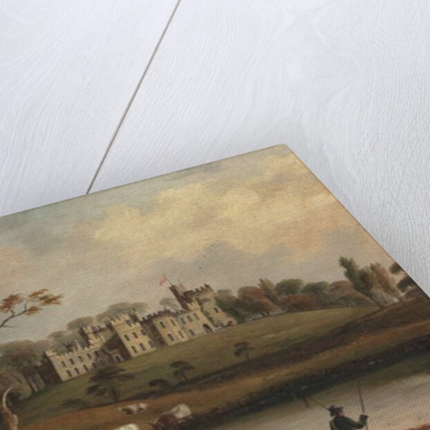 A view of Hornby Castle, Yorkshire, with an angler and cattle on the banks of the river Wenning by J. Miller