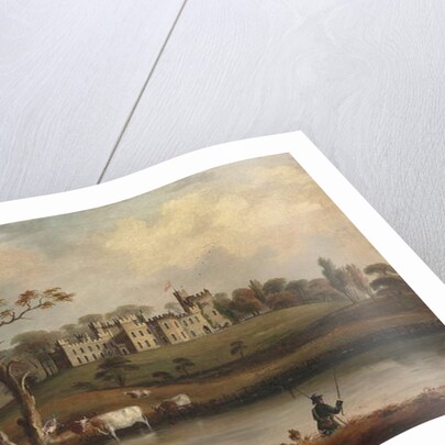 A view of Hornby Castle, Yorkshire, with an angler and cattle on the banks of the river Wenning by J. Miller