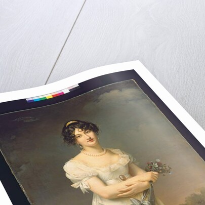 Portrait of Amélie-Justine Laidin de la Bouterie, nee Pontois, holding a hat filled with flowers by Adele Romany