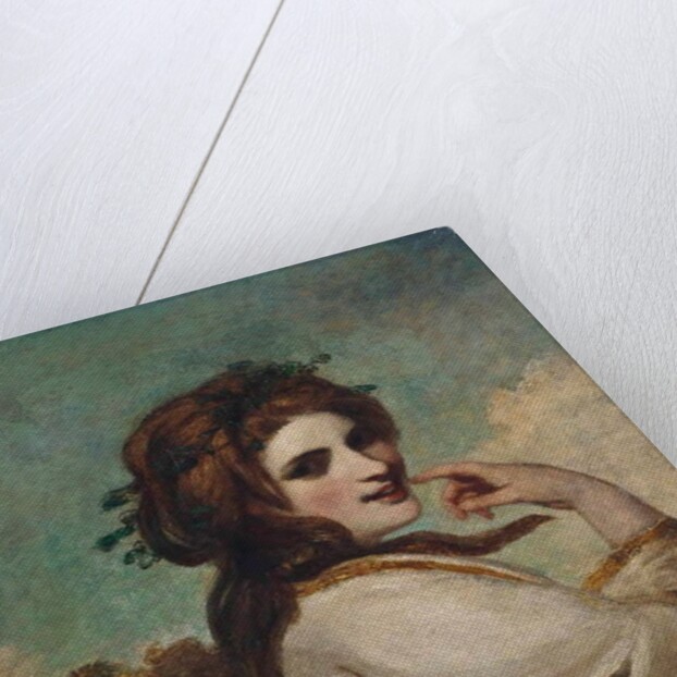 Portrait of Emma, Lady Hamilton, as a Bacchante, half-length, in a yellow dress and white shawl, in a landscape by Joshua Reynolds