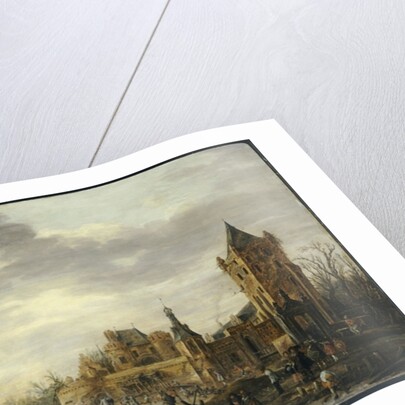 A View of Kasteel Batestein Vianen, in Winter with a Gentleman, his Wife and Retinue Watching Winter Sports on the Ice by Jan Josephsz van Goyen