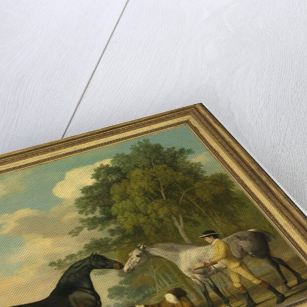 Two hunters with a young groom and a dog by a lake, 1778 by George Stubbs