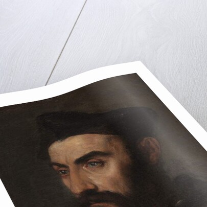 Portrait of a cleric, bust-length, in a blue coat and black hat - a fragment by Titian