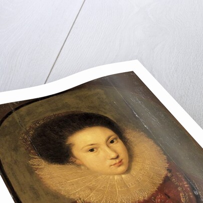 Portrait of a girl, bust-length, in a scarlet embroidered dress and lace collar by Robert Peake