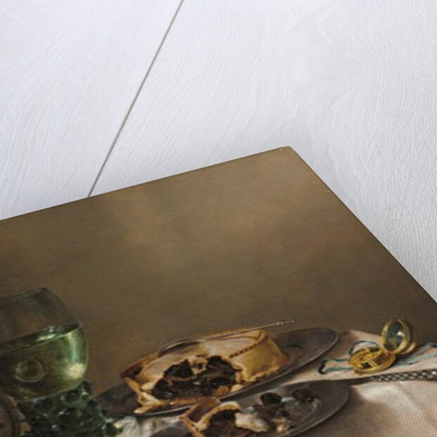 Pronk still life, with a roemer, an upturned silver tazza, a half-peeled lemon on a pewter plate, with a pie, a timepiece and a knife, 1631 by Willem Claesz. Heda