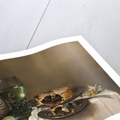 Pronk still life, with a roemer, an upturned silver tazza, a half-peeled lemon on a pewter plate, with a pie, a timepiece and a knife, 1631 by Willem Claesz. Heda