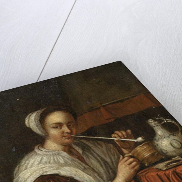 A woman smoking a pipe at a table by Edwaert Colyer or Collier
