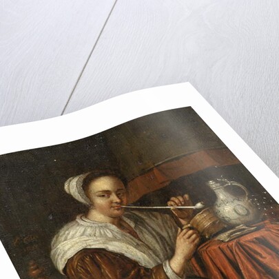 A woman smoking a pipe at a table by Edwaert Colyer or Collier