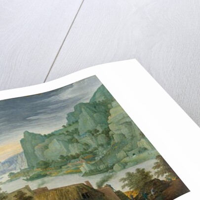 A rocky landscape with figures by an iron foundry, a river and houses on the bank beyond by Marten Ryckaert