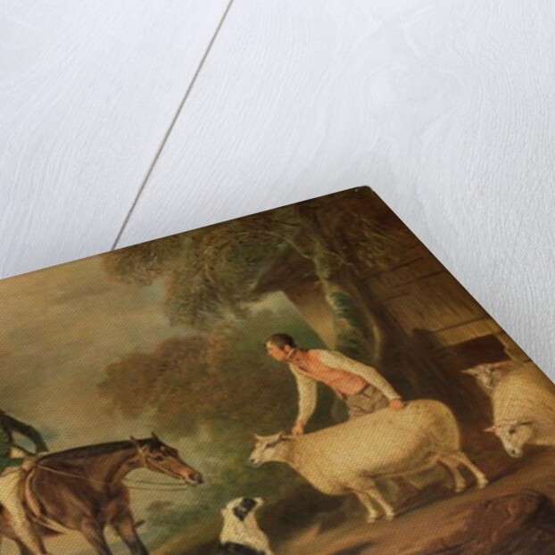 Sir John Palmer on his favourite mare with shepherd Joseph Green and prize Leicester Longwool sheep by John E. Ferneley