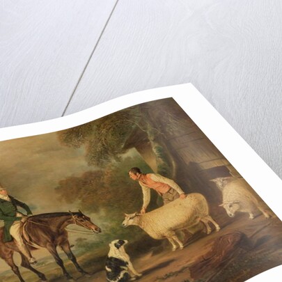 Sir John Palmer on his favourite mare with shepherd Joseph Green and prize Leicester Longwool sheep by John E. Ferneley