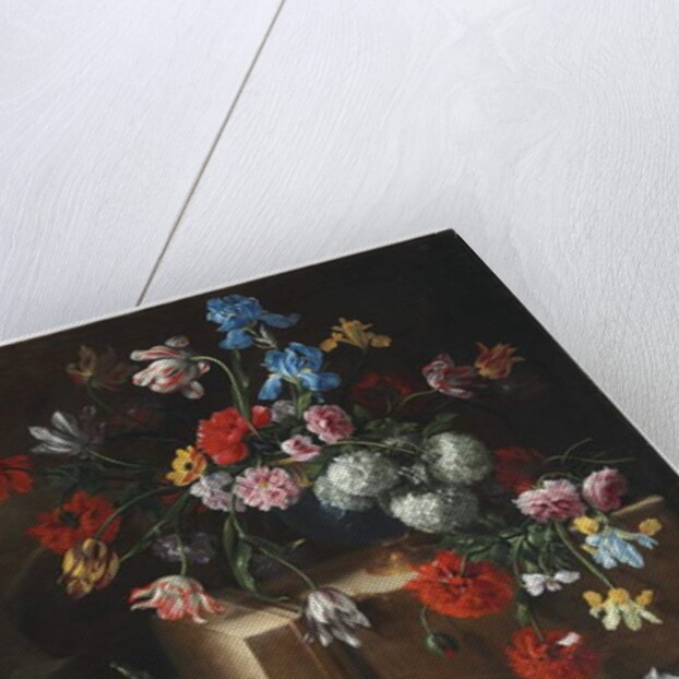 Chrysanthemums, tulips, irises and other flowers and fruit in a landscape by Giovanni Stanchi