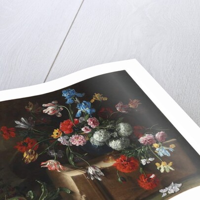 Chrysanthemums, tulips, irises and other flowers and fruit in a landscape by Giovanni Stanchi