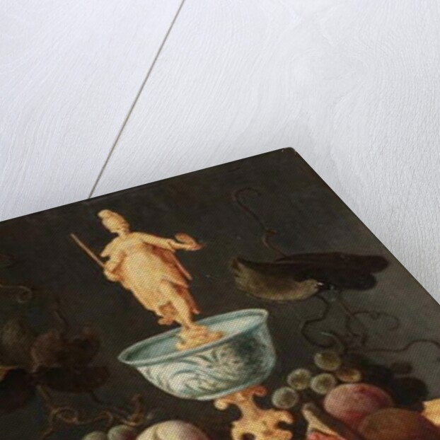 Grapes, plums and a pomegranate on a golden tazza surmounted by a personification of Painting by Artus Claessens