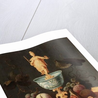 Grapes, plums and a pomegranate on a golden tazza surmounted by a personification of Painting by Artus Claessens